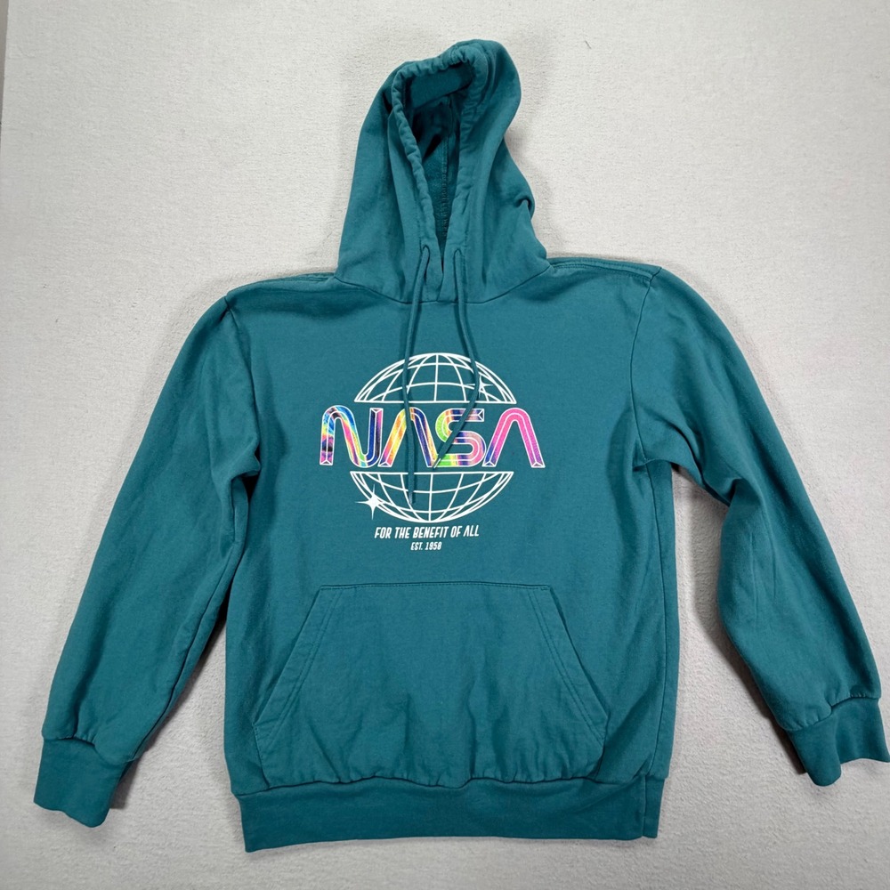 NASA Graphic Hoodie Mens Medium Teal Excellent Rainbow Tie Dye Logo Fleece